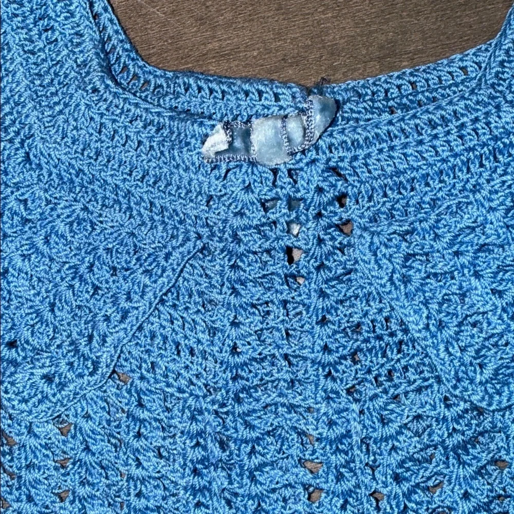 Vintage Hand Crocheted Baby Dress Blue Scalloped Hem Size 6-9M